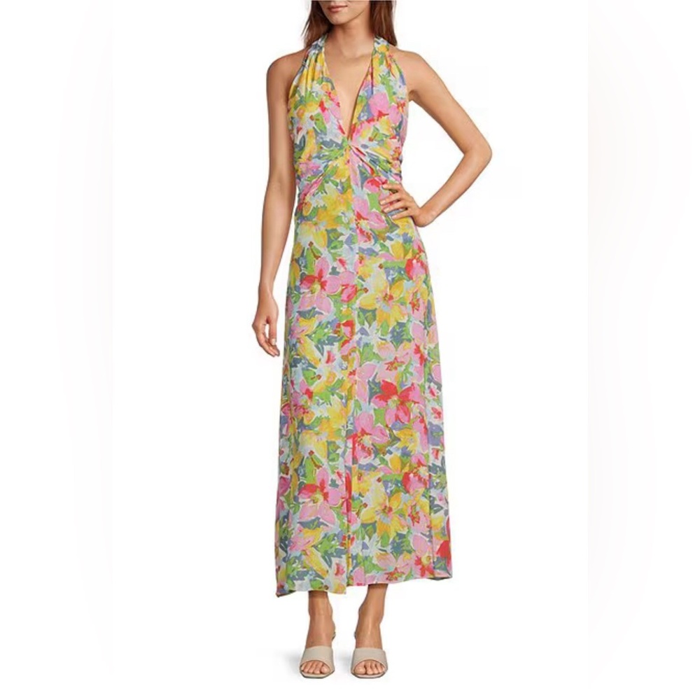 Lucy Paris Floral Halter Midi Dress in Yellow, Pink & Green